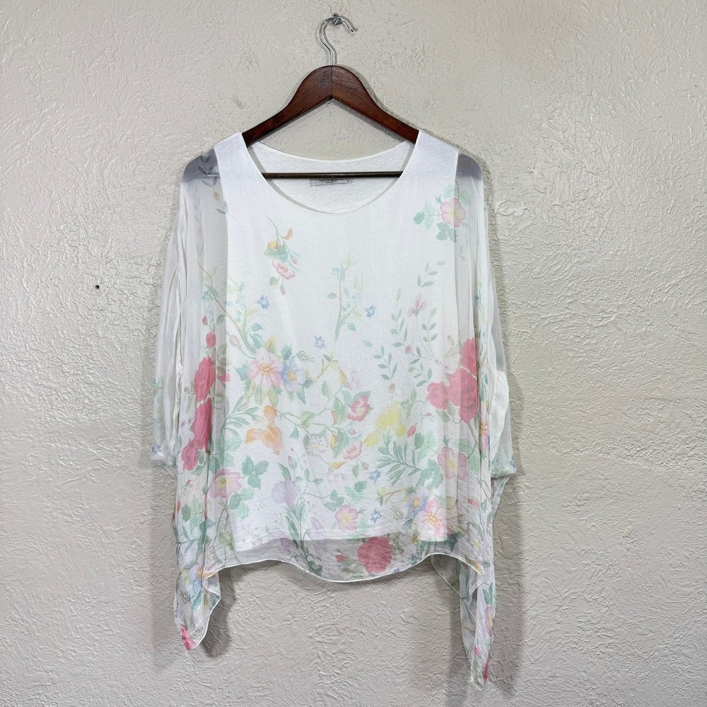 Viola Borghi 100% Silk Floral Top Large Sheer Asymmetric Old Money Cottage Italy